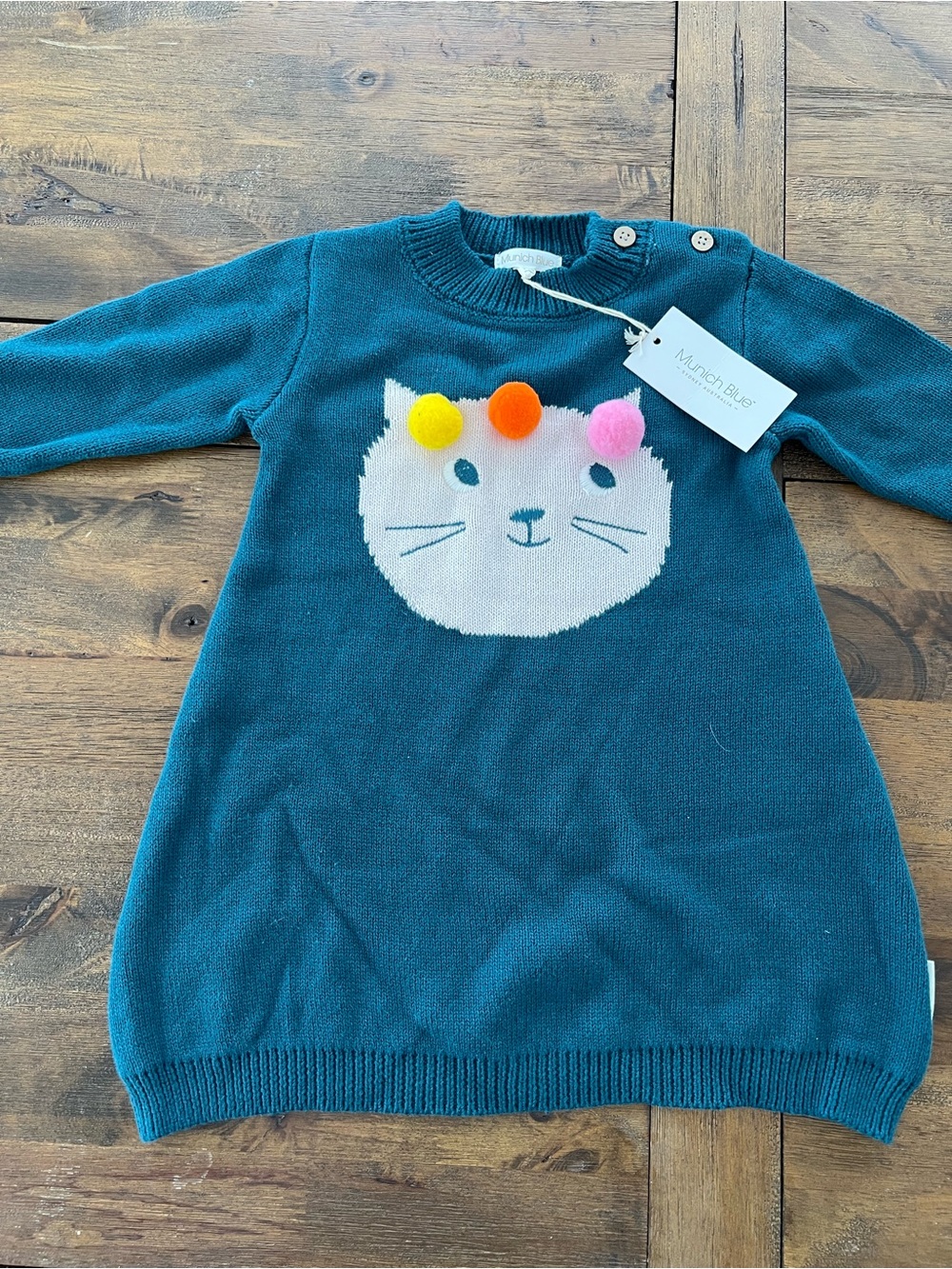 Teal Kids Cat Pom-Pom Dress